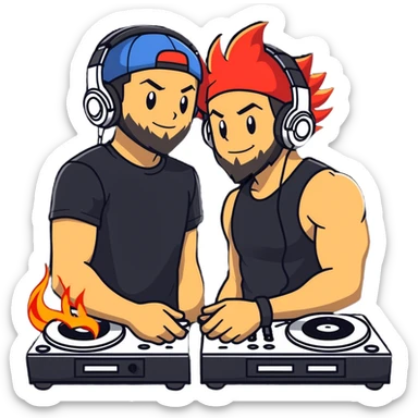 Hot handsomeb muscular 6ft tall smiling happy ash ketchum being a  dj and his music is on fire while kissing a friend who has a beard sticker