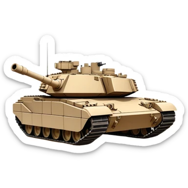 M1 Abrams (2022) – Cinematic-realistic M1 Abrams tank, its imposing desert-tan frame rolling across a war-torn battlefield. The massive 120mm smoothbore cannon swings into position, its engine roaring as it crushes debris under its heavy treads, dust and smoke swirling in the fiery glow of distant explosions. sticker