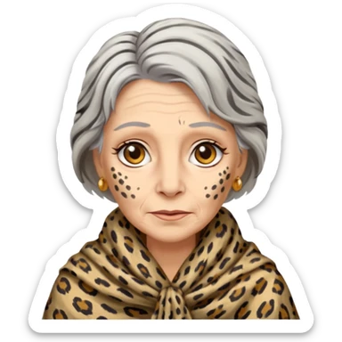 ancient white woman, tattered leopard skin shawl sticker