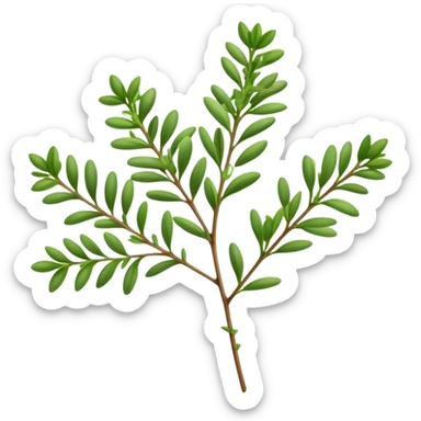 Cinematic Realistic Thyme Emoji, Compact and earthy, with tiny green leaves densely packed on delicate stems. The soft fragrance of the leaves fills the air, creating an atmosphere of warmth and subtle richness. Soft glowing outline, capturing the essence of simplicity and natural healing in a sprig of thyme! sticker
