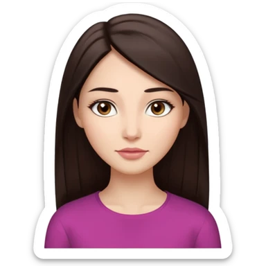 female avatar.Long, straight, sleek dark brown .Soft oval face Straight medium browsAlmond-shaped dark brown eyes, proportionalcalm neutral gaze. NoSlender, slightly elongated nose.Natural matte pink-beige lips, relaxed expression sticker