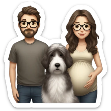 Hyperrealist pregnant girl with half long brown hair with glasses, a boy with long beard, glasses and short hair and english sheepdog sticker