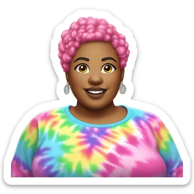 Large Plus size black woman with pink curly pixie cut hair and a rainbow tie dye sweater , and diamond stud earrings  sticker