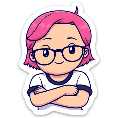 Pink-haired girl with glasses crossing her arms with a slight smirk sticker