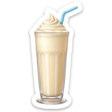 A 3D cartoon tall glass of vanilla milkshake with a straw, smooth creamy texture, light froth on top, subtle reflections, soft warm light, Memoji-style. sticker