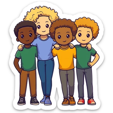 Group of diverse friends standing together, including a dark-skinned boy, a light-skinned blonde boy, a light-skinned girl with dark hair, a mixed-race girl with brown hair, a light-skinned person with curly hair, a mixed-race person with dark curly hair, and in the center a mixed-race person with wavy hair sticker