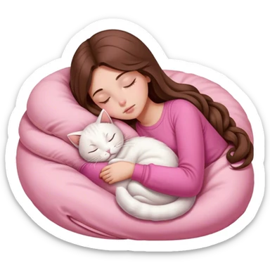 A pretty white girl with very long brown hair and pink clothing sleeping curled up to a white cat  sticker