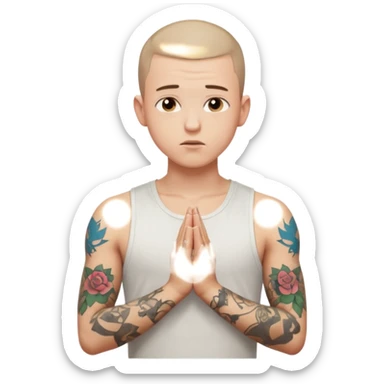 A 20 year old white man with a buzz cut and tattoos all over his arms and chest. Pleading face with hands praying wearing a white tanktop sticker