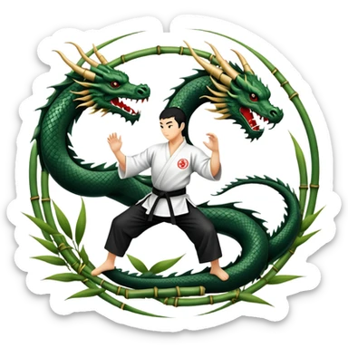 An icon symbolizing Eastern martial arts in the style of an emblem, featuring a black-and-white Yin-Yang symbol at the center and a powerful dragon wrapping around it. A martial artist is performing a fluid kick, surrounded by elements like a dojo and bamboo. Transparent background sticker
