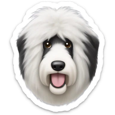 Old English sheepdog face with the right half of his face white and the left half of his face black. White around the mouth and nose. Very fluffy and both ears are black sticker