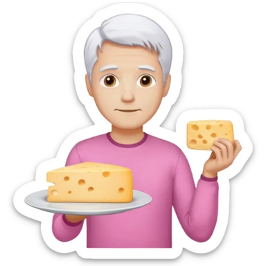 Homme gros chemise rose cheveux blancs avec une assiette et un gros fromage  sticker