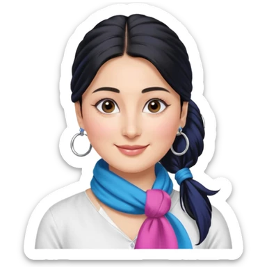 generate a pretty bratz emoji 
Make her wear a white shirt with a colorful blue-pink scarf wrapped around her neck. smiling big. Black hair tied into a side part ponytail, silver hoops and no necklace

She should look exactly  like Kareena Kapoor. kohl under eyes sticker