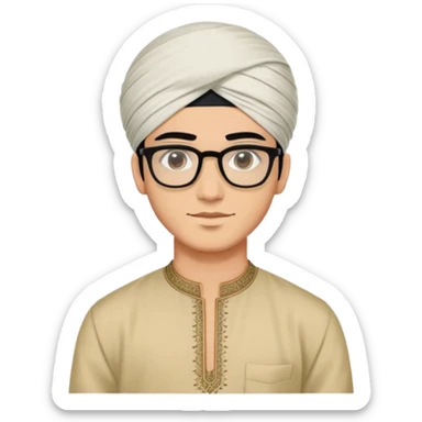 young man with wheatish skin tone, black hair, wearing kurta with rectangle glasses and traditional turban sticker
