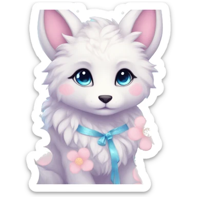 Anthro Cute Cool Blushing Pastel Innocent Shy Kawaii gorgeous sparkly ethereal fantasy anime animal creature with blue eyes furry sona with flowers and ribbons beautiful aesthetic sticker