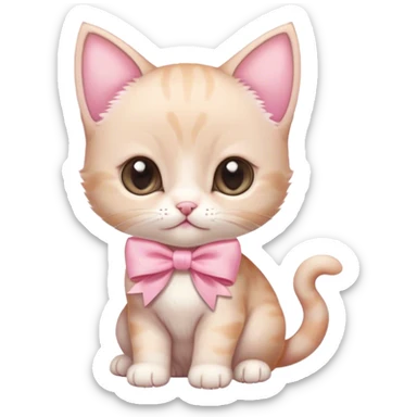 a very small beige kitten with a slightly white muzzle and a large light pink bow on the top of the head, a purebred kitten with a large head sticker