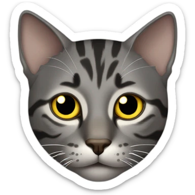 dark gray tabby cat with yellow eyes, black nose, some brown around mouth, brown around mouth, tip of left ear cut off sticker