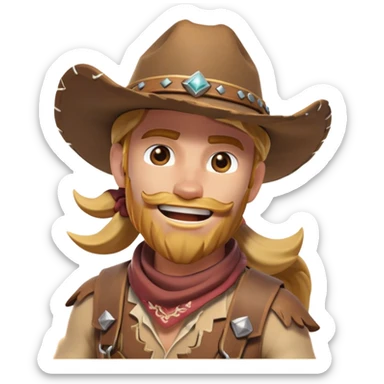 clash-of-clans-aesthetic_-cinematic-playful-cowboy-portrait-emoji, head-tilted with a roguish, cheeky grin and twinkling eyes, featuring a rugged, spirited build with a wide-brimmed cowboy hat and a weathered bandana on tan skin, riding a powerful galloping horse with dynamic flowing mane, reins gripped firmly in one hand and a lasso in the other, as dust swirls behind them in a vast desert landscape. sticker