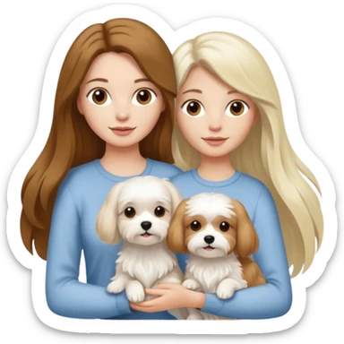 two women are holding one Maltese dog. one woman is brunette the other woman is blonde long haired  sticker