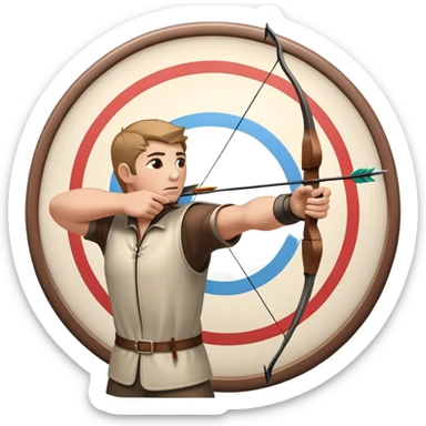 An archer drawing a bow and aiming an arrow at a target, with perfect focus and precision. The target is visible in the background, featuring concentric rings. The scene captures the concentration and skill involved in archery, emphasizing the elegance and accuracy of the sport. sticker