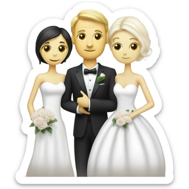 White humman man in a tuxedo, Alien reprilian woman in wedding dress, and one , hands getting married sticker