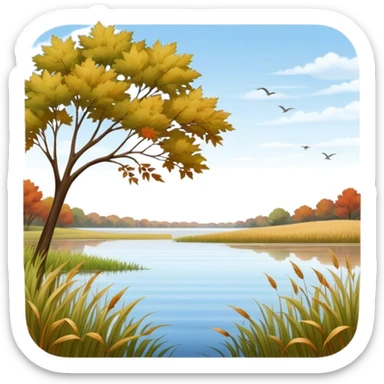 A gentle breeze flowing through a vast open field, making the tall grass and tree leaves sway gracefully. The wind creates soft ripples on a calm lake, while scattered autumn leaves dance in the air, adding a sense of motion and tranquility sticker