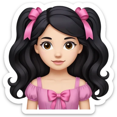 Beautiful girl with long black hair in a half-up half-down hairstyle with pink ribbon tying the top half, waves at the ends, brown eyes, light skin, slight smile, and pink dress sticker