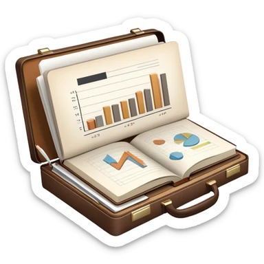 Icon for Business Reading: a prominent open book in the foreground with a briefcase, a laptop and a notepad around it, with a bar graph symbolizing ideas and growth. The icon should represent the knowledge and strategy of business literature. Transparent background. sticker