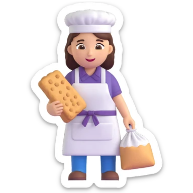 cookie factory worker emoji, with apron, carrying a bag of flour sticker