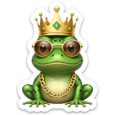 gangster frog wearing a gold crown, cool sunglasses, gold chain, dollar sign chain sticker