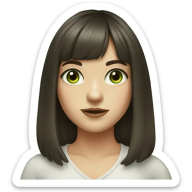 realistic portrait of girl with curtain bangs and dark brown hair with green eyes and fair skin and a round face with soft features sticker