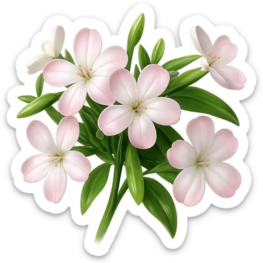 Create 3D iOS-style realistic soapwort (Saponaria) flowers with delicate pale pink petals, green stems and leaves, soft lighting, and a glossy effect. The image should have no background and reflect the GPT Image style for editing. sticker