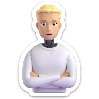 Minimalist male robot with blond hair, sharp jawline, intense eyes, white sweater, AI assistant sticker