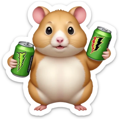 Funny cartoon-style fat hamster wide eyed holding a can of monster energy in one hand and redbull in the other hand sticker