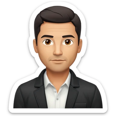 Handsome athletic Hispanic man in his late 40s with tan complexion, short black hair with defined fade haircut, light stubble/scruff on face, square masculine face with defined jawline, neutral-friendly TV presenter expression, open black jacket with white shirt sticker