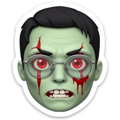 homem zumbi de óculos cabelo preto com muita olheira deixar pele dele verde dentes brancos e olhos vermelhos e ensanguentados deixar óculos quadrado e preto e olhos cheio de veias vermelhas piercing em todo rosto piercing prata colocar risco nas duas sobrancelhas e colocar lábios em sua boca sticker