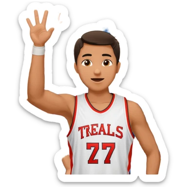 Maverick Trevillian in the crowd at an amateur basketball game. He leans towards the camera and enthusiastically shouts "six seven while performing a distinctive hand gesture: both hands open, palms facing upward, moving up and down as if weighing two options. sticker
