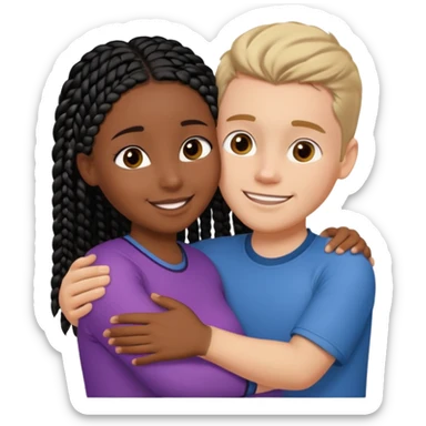 Dark black girl with black braids and tan white boy with curvy straight brown hair, they are hugging and smiling, and touching each other with their hands sticker