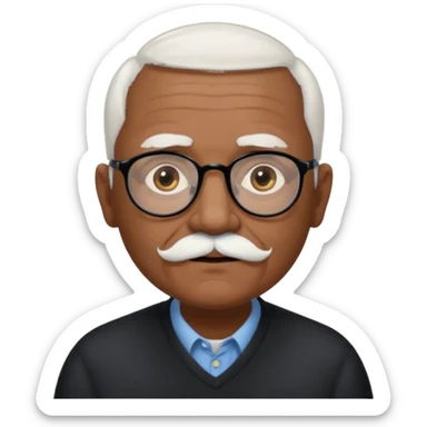an elderly man with medium-dark skin tone, bald on top with short white hair at the sides, thick white eyebrows, large brown eyes, and wears black-framed glasses.
A small white mustache sits above his mouth sticker