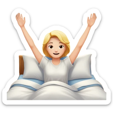 person waking up in bed, stretching with sunlight coming through the window, cheerful and fresh sticker