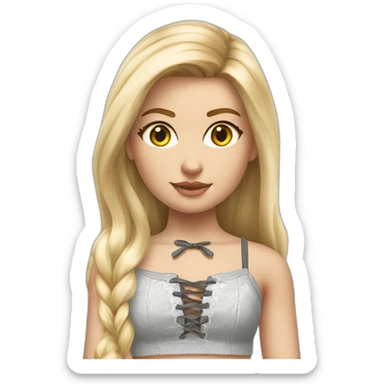 hyperrealistic caucasian female, long straight blonde hair, white lace up crop top, grey mini skirt, body view sticker