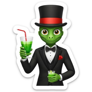 snake wearing suit, bowtie and top hat, holding a glass of green drink sticker