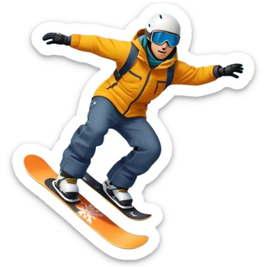 An icon showing a snowboarder performing an exciting jump on a snow-covered slope. The background features towering mountains, snow-covered trees, and a bright, clear sky. Transparent background highlights the speed, agility, and thrill of snowboarding. sticker