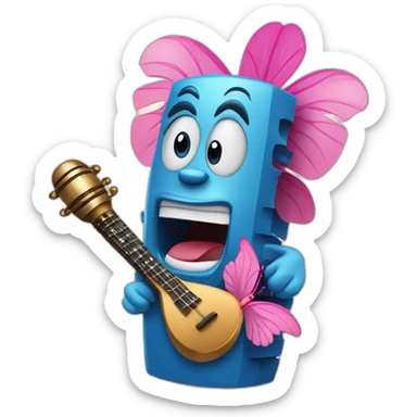 Cartoon Blue and pink tiki singing with butterfly and in the mikrophone sticker