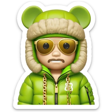 bearbrick toy with cubic head wearing a lime green balaclava with graffiti logos, oversized puffy jacket with fur hood trim, sleek single-piece visor sunglasses, gold chains around neck sticker
