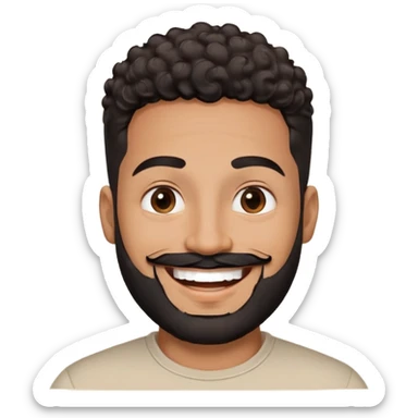 Latino man in his late 30s with warm brown skin. Round face. Big bright smile showing joy. Lively dark brown eyes. Thick defined eyebrows. Short tight curly black hair with fade on sides. Full black beard, neatly trimmed. Wearing a light beige round-neck t-shirt. sticker