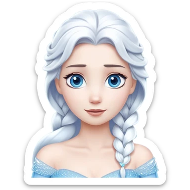Cinematic Serene Snow Queen Portrait Emoji, rendered in a simplified vector style. Depict a gentle Elsa (chest and above) with delicate icy skin, softly cascading platinum hair, and calm, reflective blue eyes, dressed in her classic ice-blue gown. The image exudes a soft, luminous frosty radiance with high shine and a subtle glowing outline. sticker