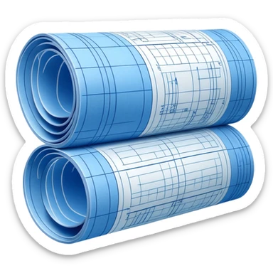side perspective of a blue rolled-up blueprint plan with white lines sticker