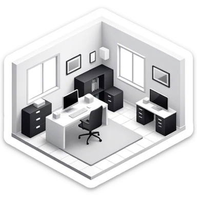 An isometric 3D room with two white walls that meet at the back left and right and a single Window. Black and White Home Office Room sticker