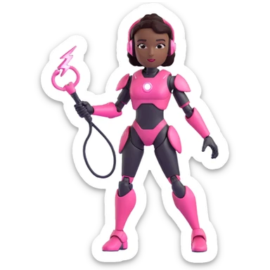 slim, powerful black female robot in a confident pose, with small ear pieces, holding a lightning whip by the handle, thighs and biceps pink with bold hexagonal texture, rest of body sleek black metal, sleek glossy emoji style, no grainy or aged texture sticker