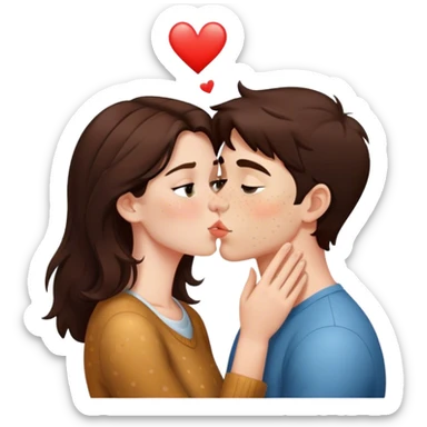 brunette Girl with freckles kissing a brunette boy sticker